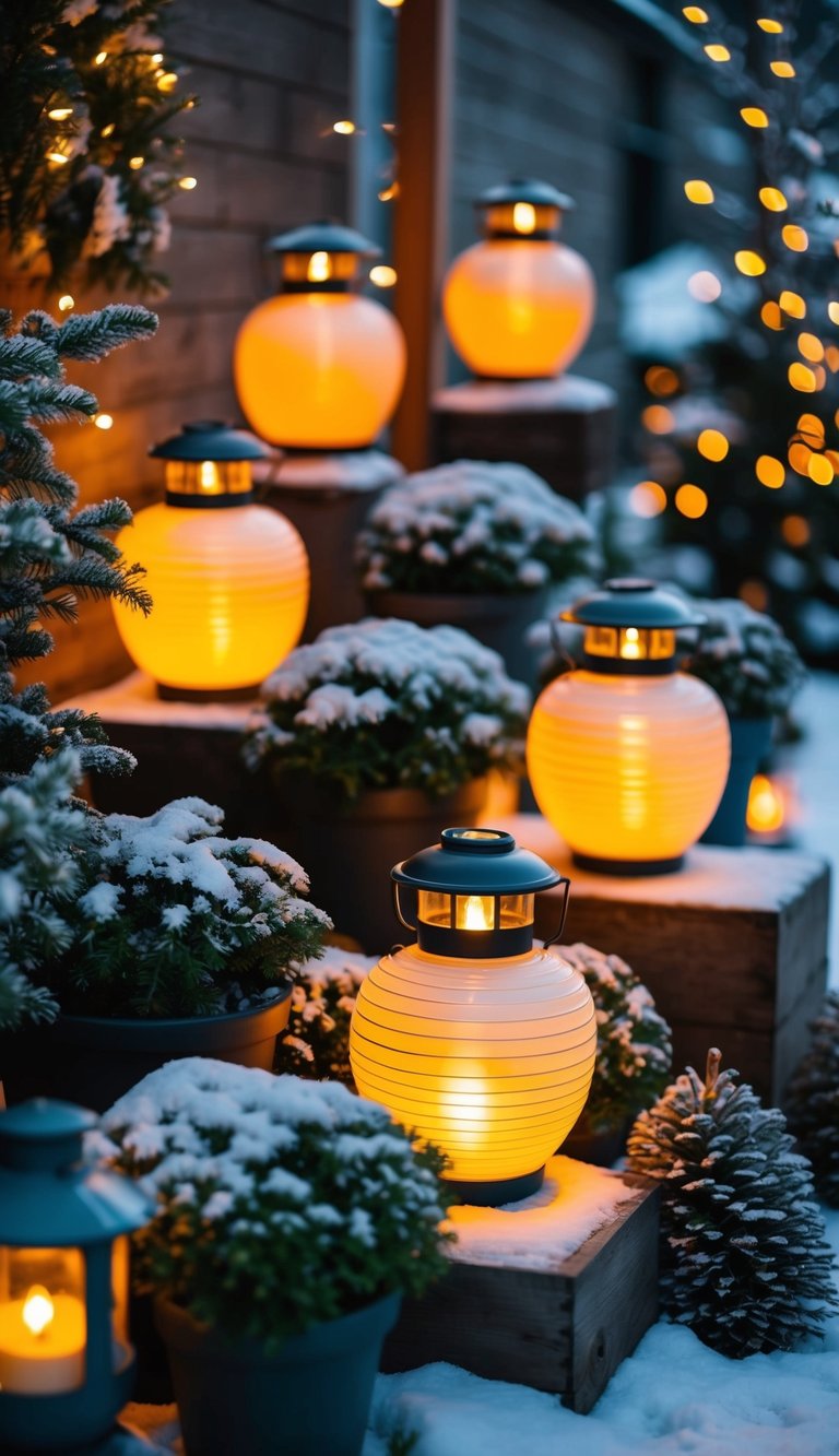 Several glowing lantern pots arranged among winter plants and decorations