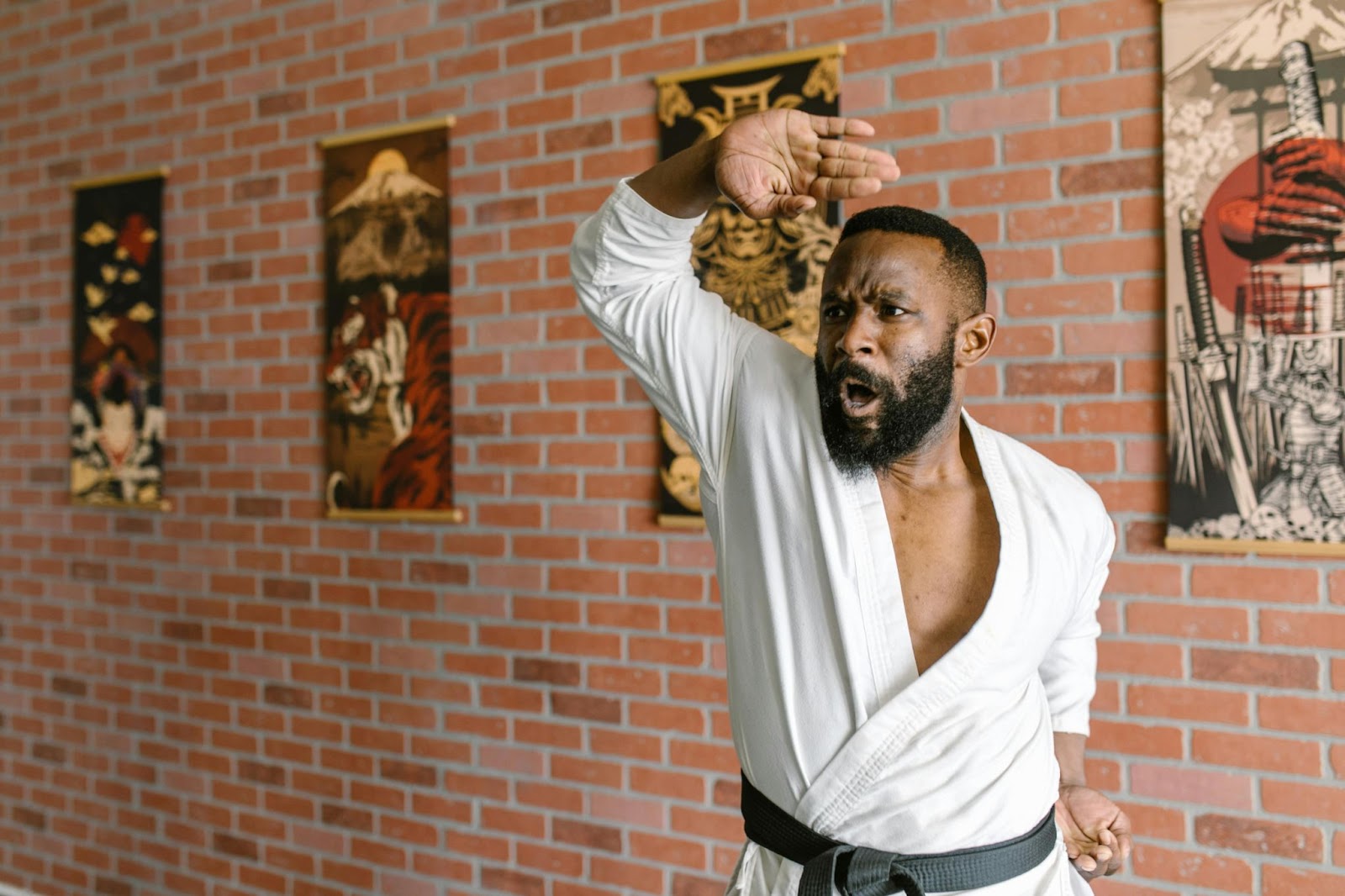 A martial arts instructor performing a stance with his right hand in blocking posiytion