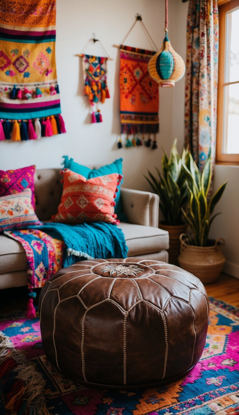 A distressed leather pouf sits in an eclectic boho bedroom, surrounded by vibrant textiles and eclectic decor