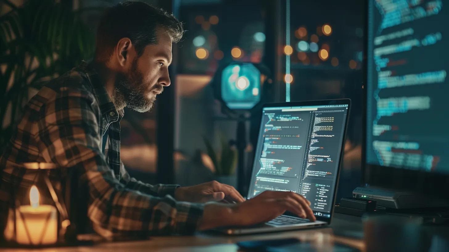 A developer adding structured data to a website backend on a laptop, while the front-end mobile screen shows enhanced SERP features—like star ratings, FAQs, and business hours.