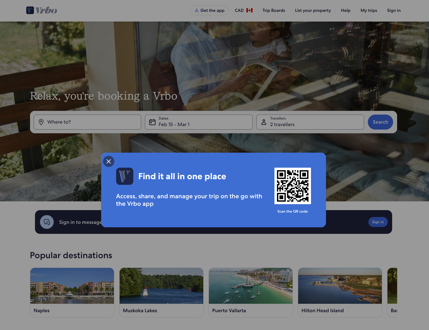 VRBO CTA example: Get the app