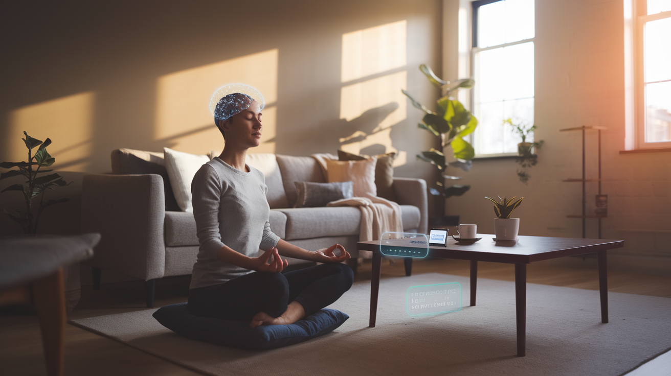 Create a realistic image of a person meditating in a modern living room with a ZenCortex device on their head, showing a morning routine setup with a smartphone app visible on a coffee table, warm sunlight streaming through windows, a cup of tea nearby, and a small schedule or habit tracker visible, conveying a sense of calm focus and integration of technology into daily mindfulness practice.