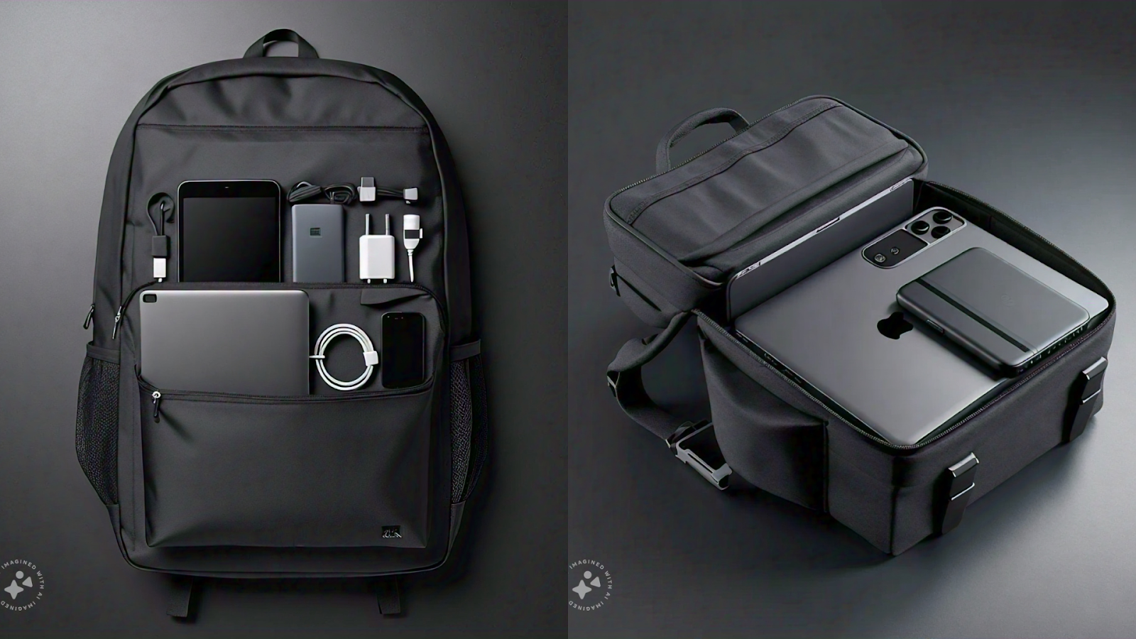 Minimalist digital nomad backpack with essential tech gadgets.