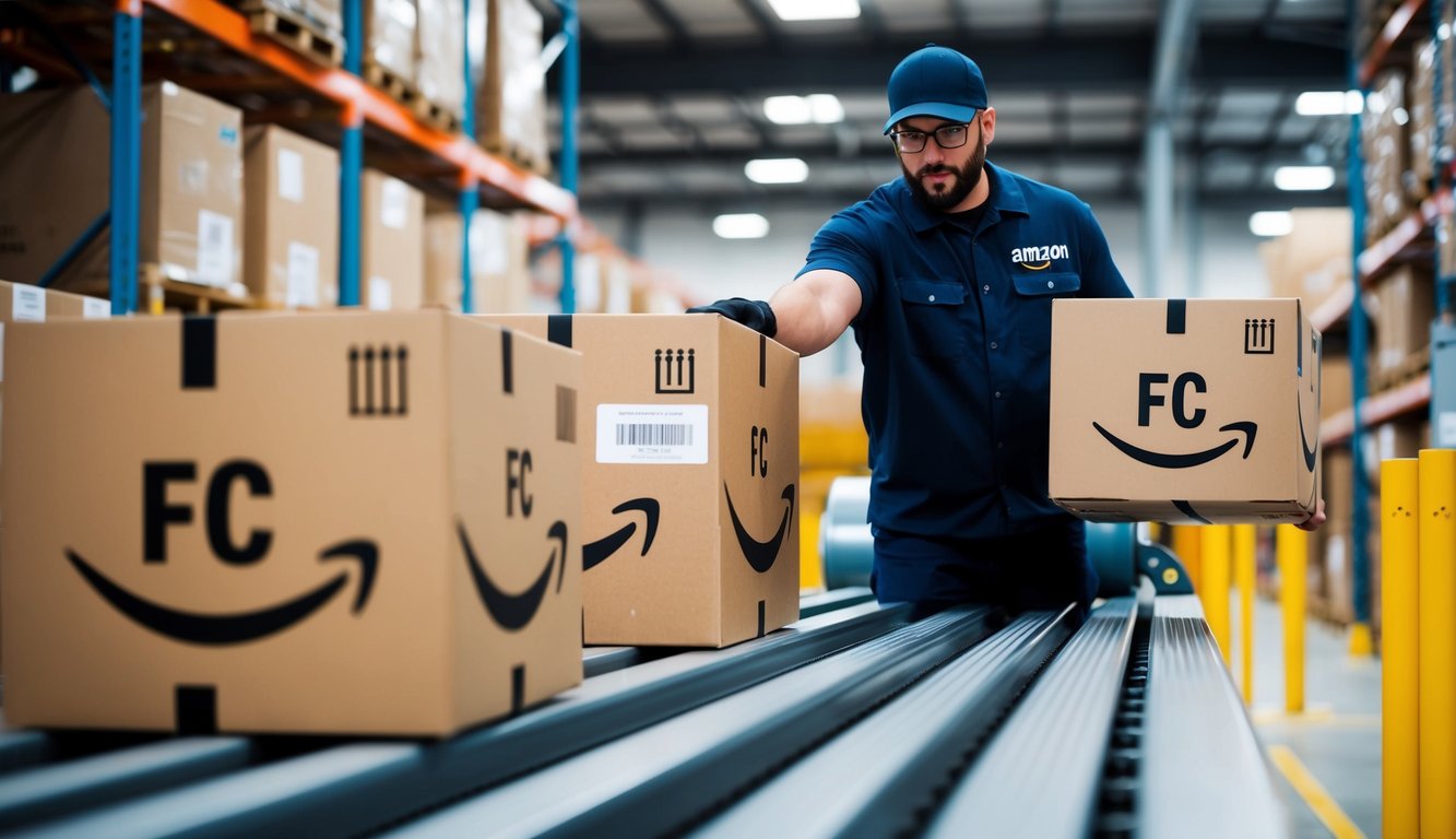 A warehouse worker transfers packages labeled "FC" onto a conveyor belt at an Amazon fulfillment center