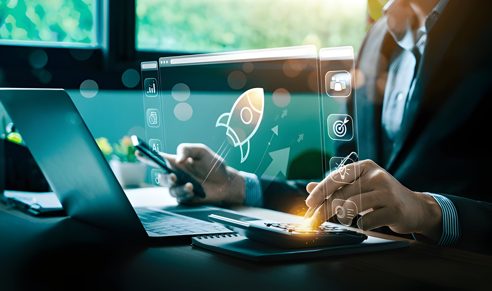 Business professional using a smartphone and laptop with digital icons, illustrating the use of technology to streamline the accounts receivable process.