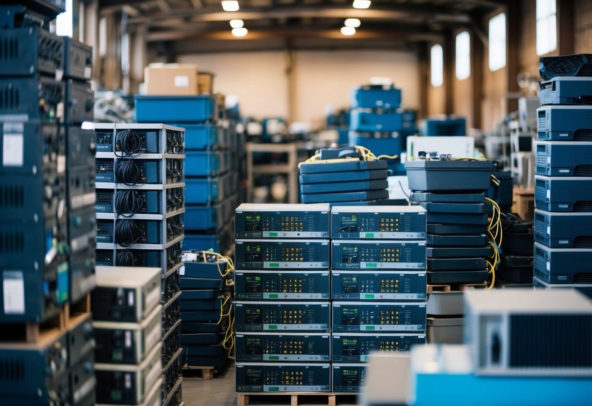 A warehouse filled with stacks of telecom equipment being sorted and prepared for recycling and remarketing