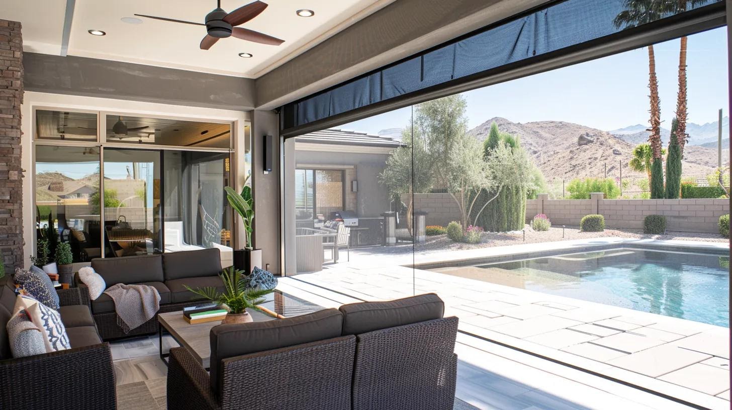 a sleek, modern outdoor patio showcases a durable bug screen with a fine mesh design, expertly integrated into a smart home automation system, allowing for seamless operation amid a backdrop of contemporary outdoor furniture.