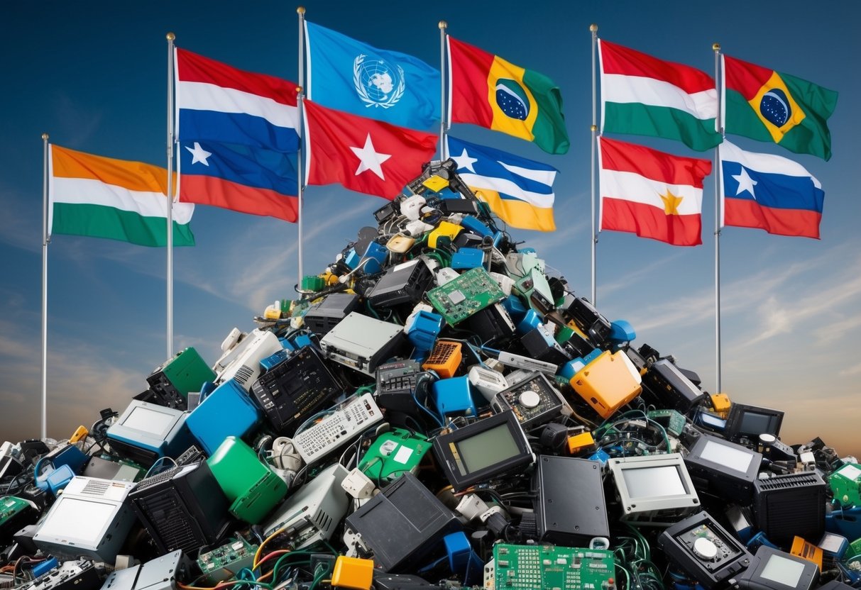 A mountain of electronic waste looms against a backdrop of global flags, symbolizing the international compliance risks in electronics disposal