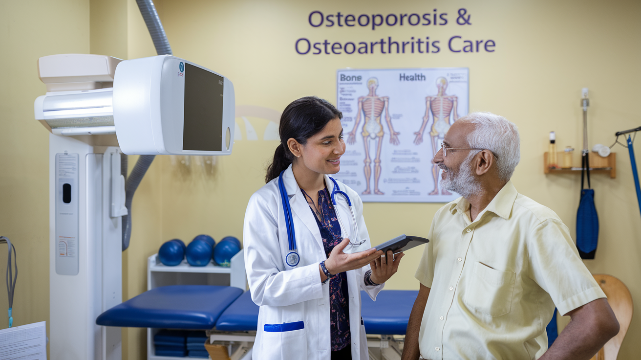 Create a realistic image of a medical clinic in Lucknow, India, with a focus on osteoporosis and osteoarthritis treatment. Show an Indian female doctor explaining a bone density scan result to an elderly Indian male patient. Include visible medical equipment like an X-ray machine and physical therapy tools in the background. Display a wall chart showing bone and joint health. Add the text "Osteoporosis & Osteoarthritis Care" in a visible location.