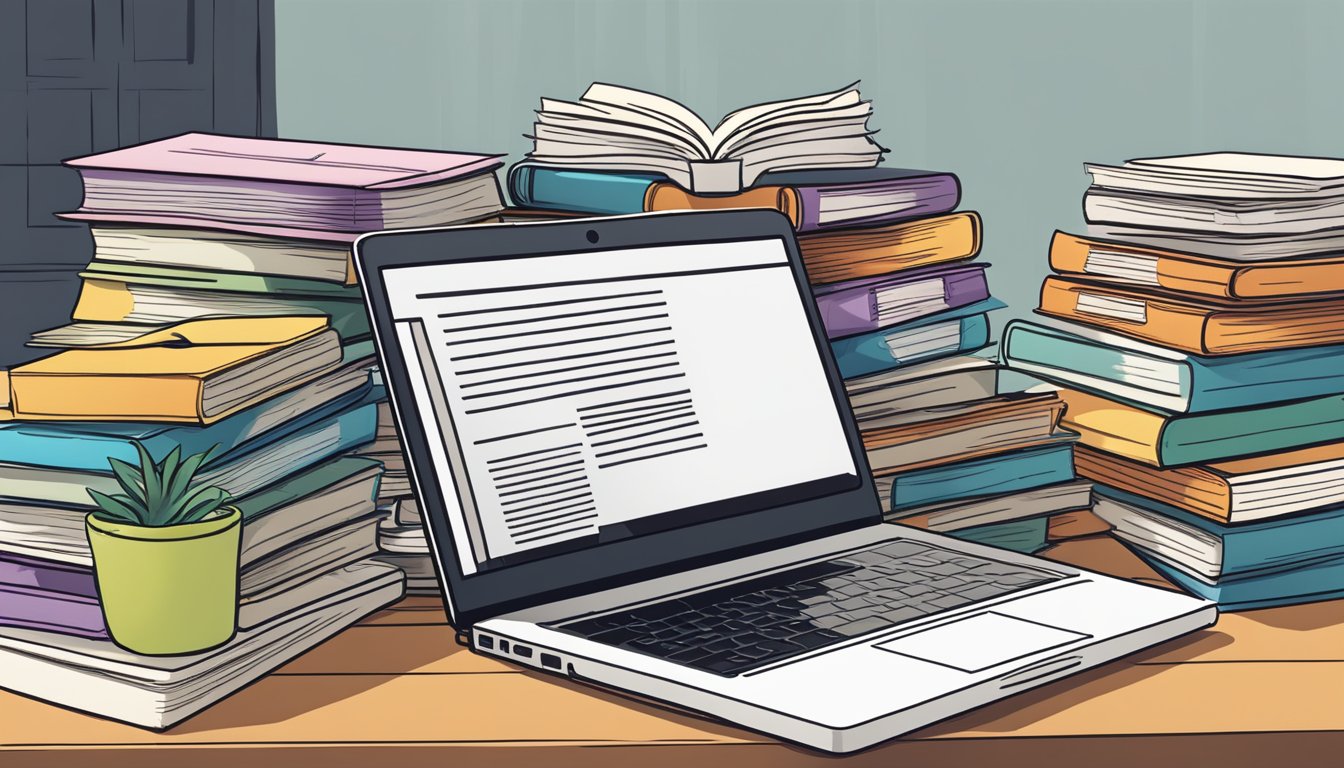 A pile of books arranged neatly on a table, with a laptop open to the Amazon website showing the book selling interface