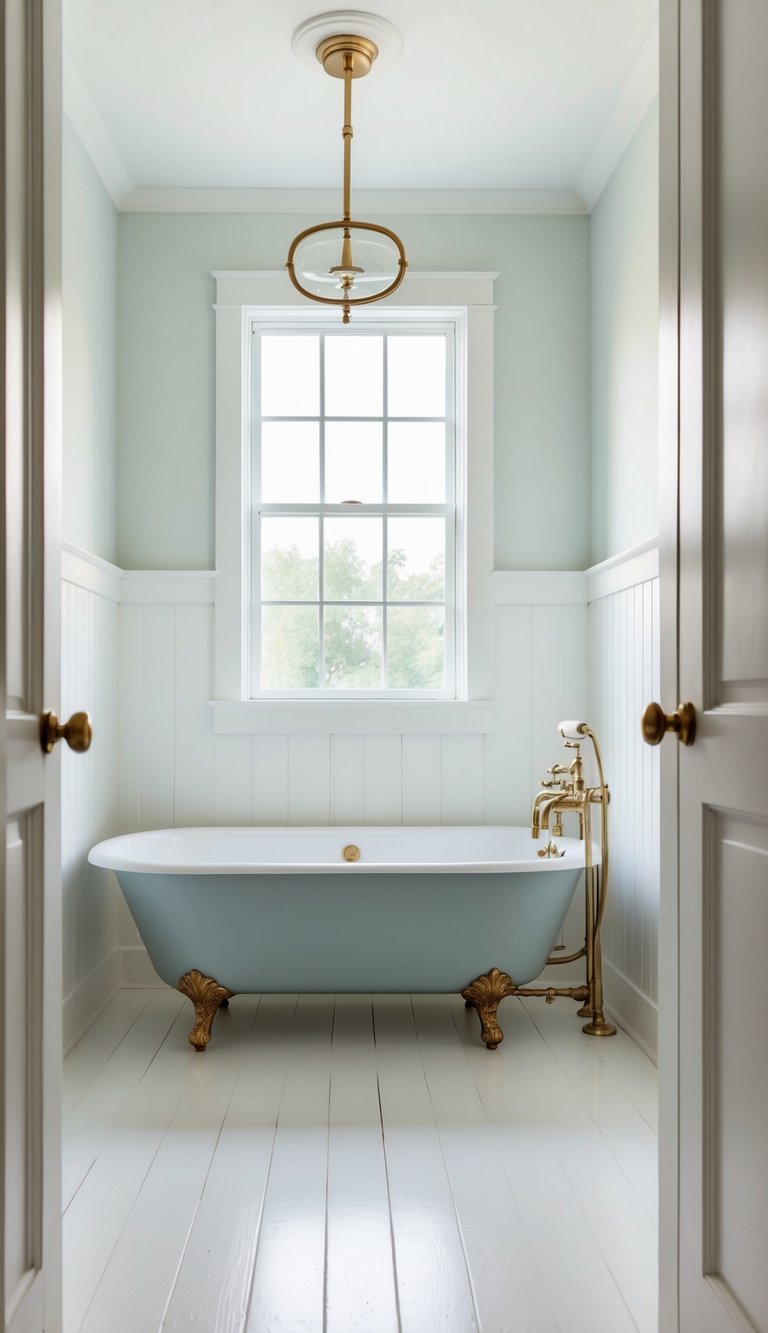 A bathroom with a painted shiplap floor, white walls, and a vintage bathtub with brass fixtures