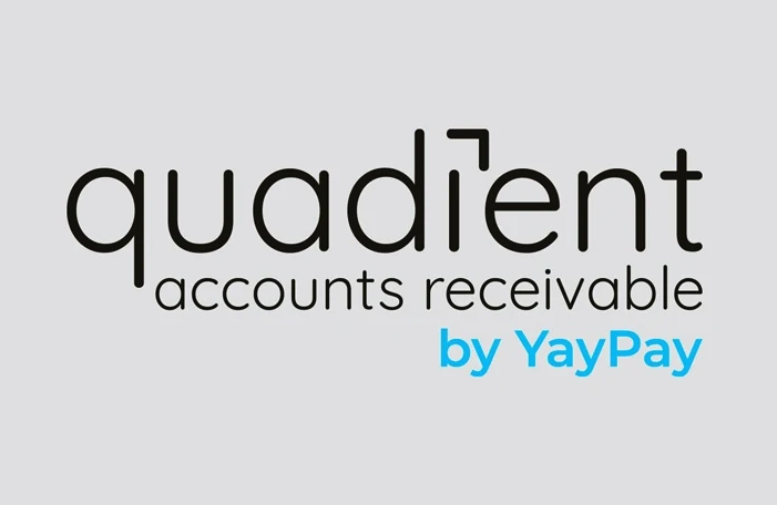 Logo of Quadient Accounts Receivable by YayPay, featuring sleek black typography with a modern design and blue accents on a light gray background.