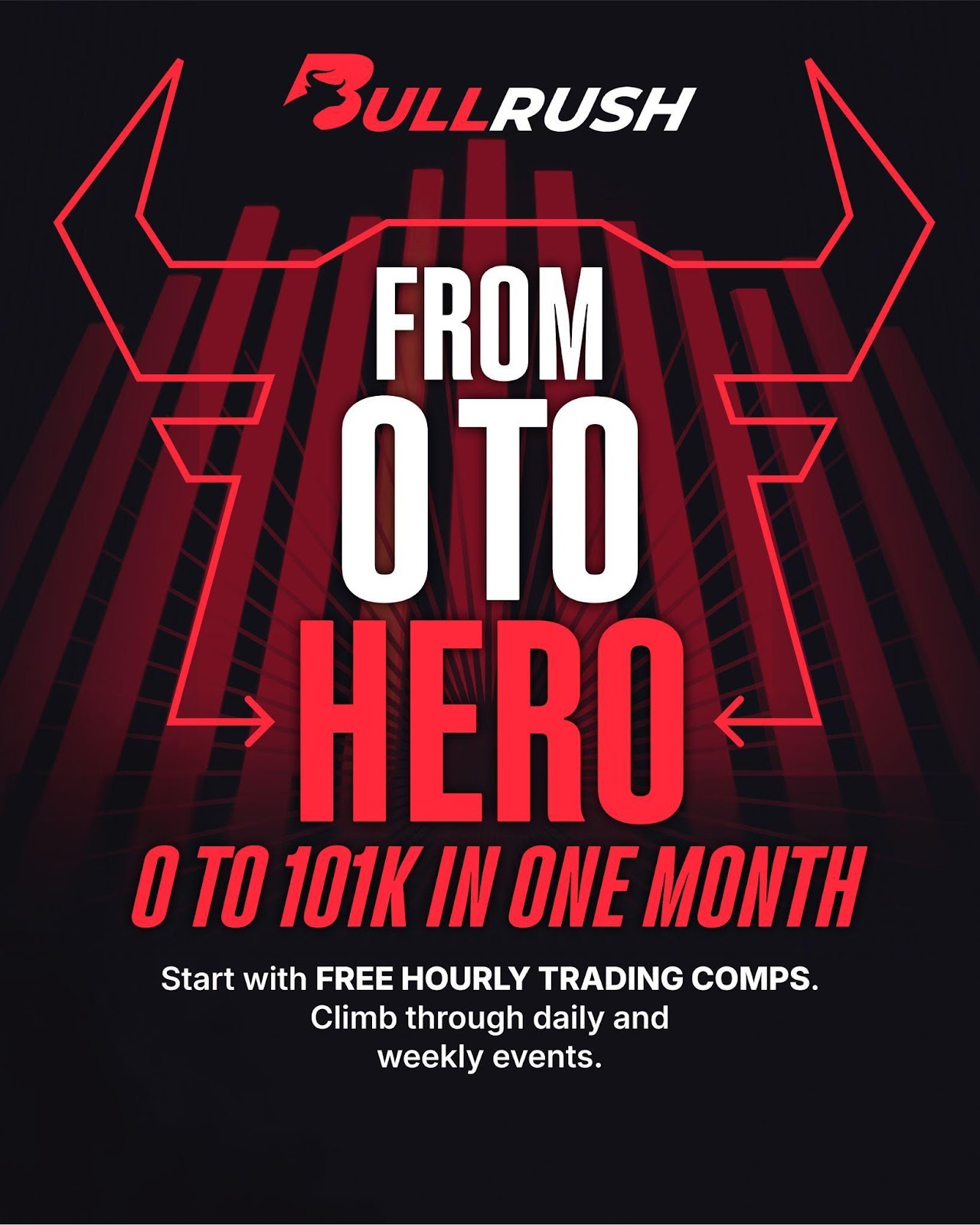 From scalpers to strategists, BullRush has a trading competition for you. Start free in hourly contests or buy into the top. $100K awaits at the Monthly finish line.