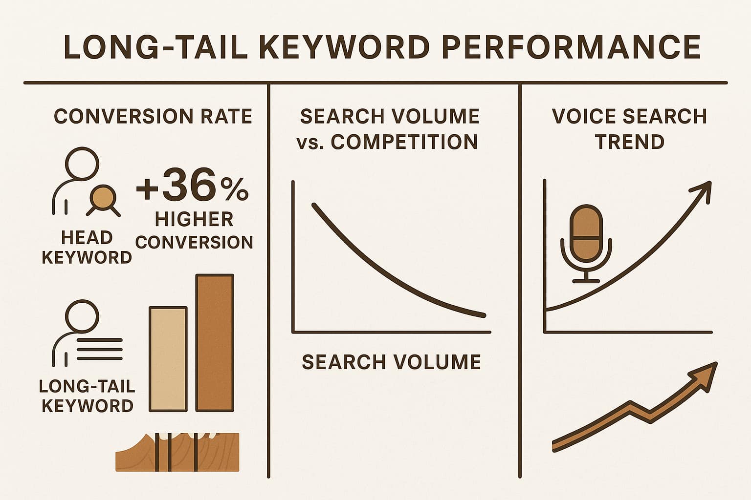 Long-tail keyword performance infographic showing lead generation services conversion rates and digital marketing benefits for flooring companies.
