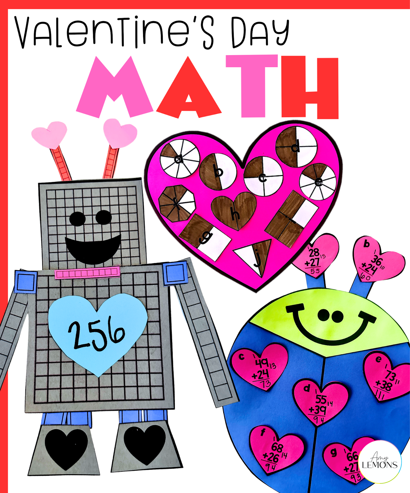 Three Valentine's Day ideas for math crafts including a robot made from base ten blocks, a chocolate hearts fraction activity, and a love bug math activity.