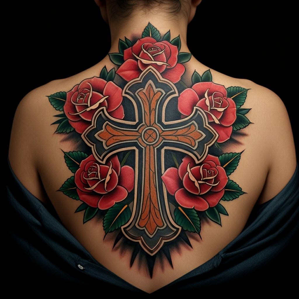 Cross with Flowers Tattoo on back