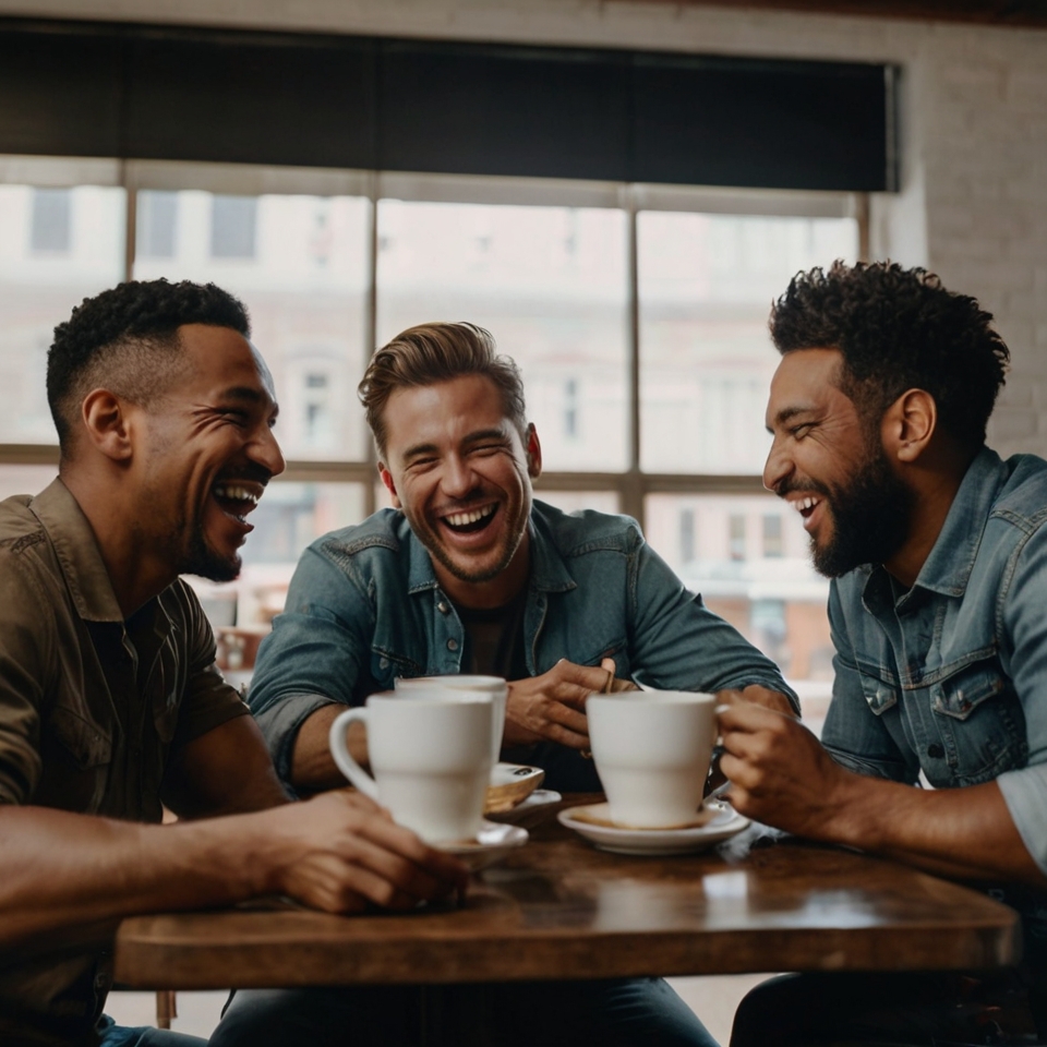 Group of men laughing and bonding over coffee, symbolizing supportive friendship and emotional growth.