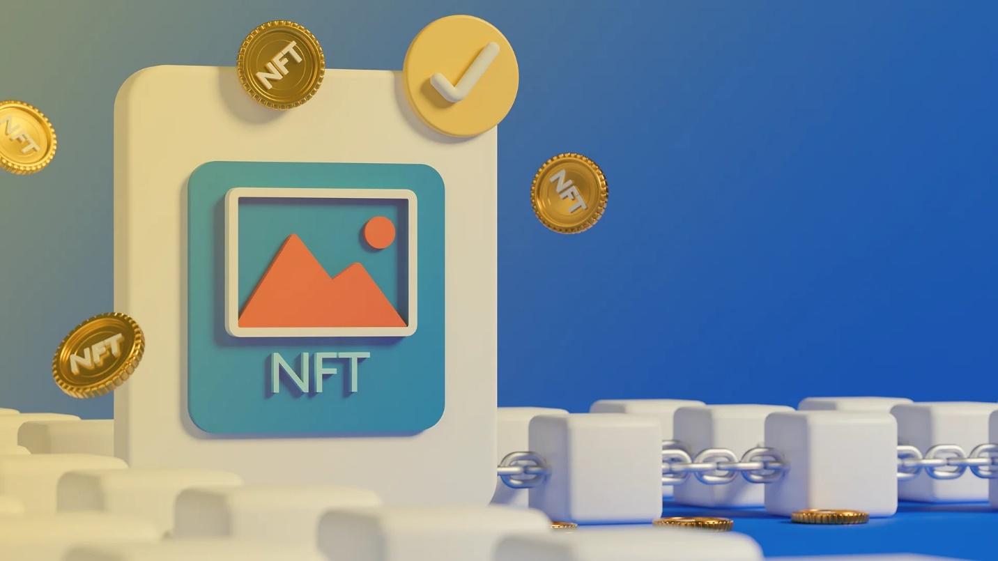 NFT icon with image symbol and gold coins, connected by chain links