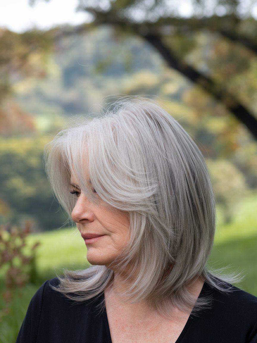 8. Layered Silver Lob for Thick Hair