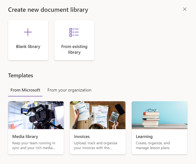 A screenshot of the SharePoint document library creation screen. Users can choose to create a new library from scratch, copy an existing one, or select from pre-built templates for tasks like media management, invoice tracking, and lesson planning.