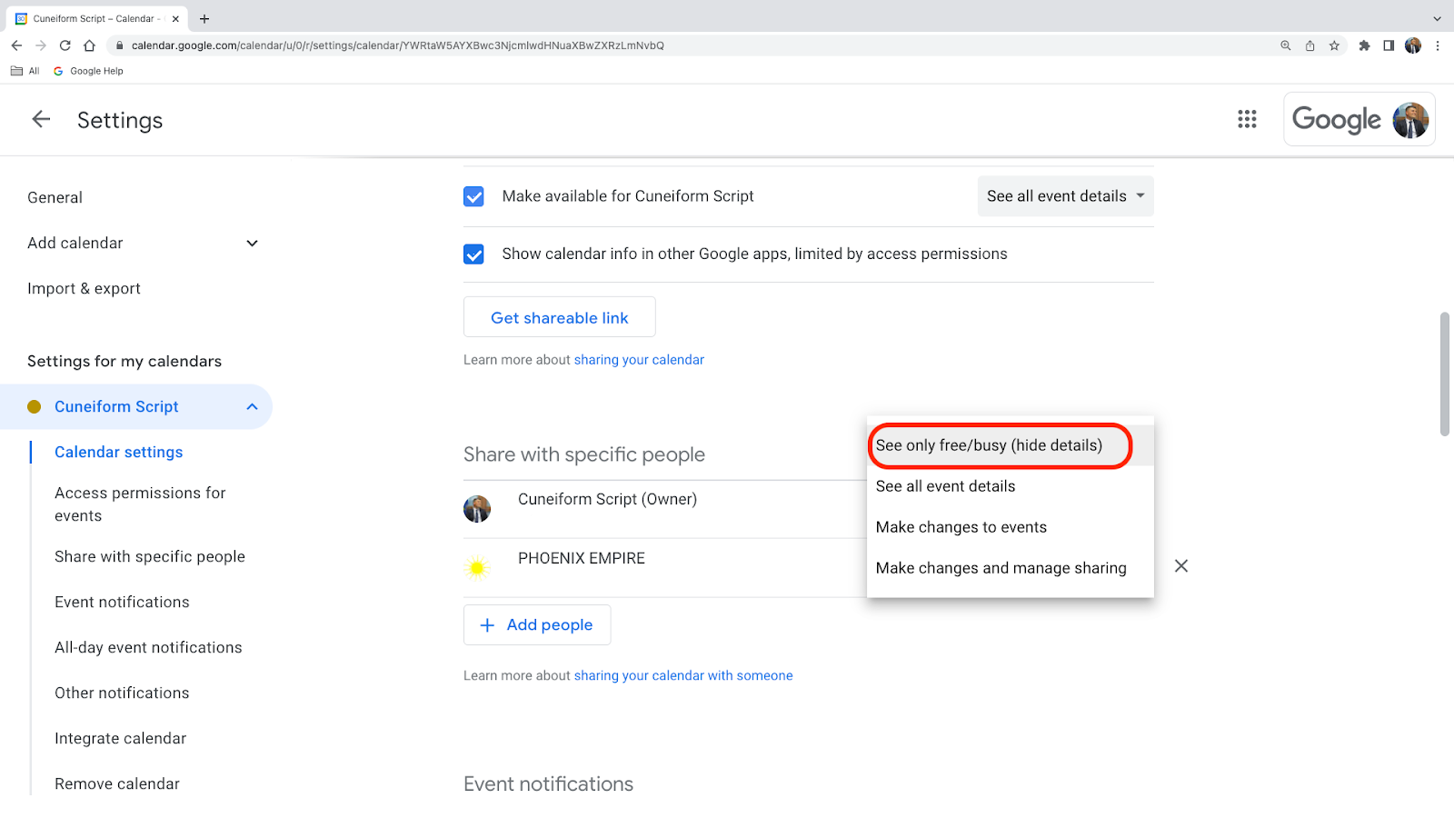 Adjust the Sharing Settings in Google Calendar