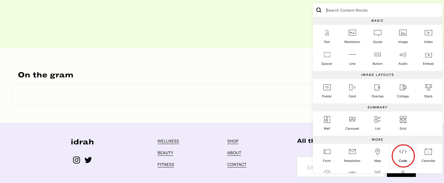Adding a Code block in Squarespace