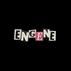 This contains an image of the word engine written in cut out letters on a black background with white and pink squares