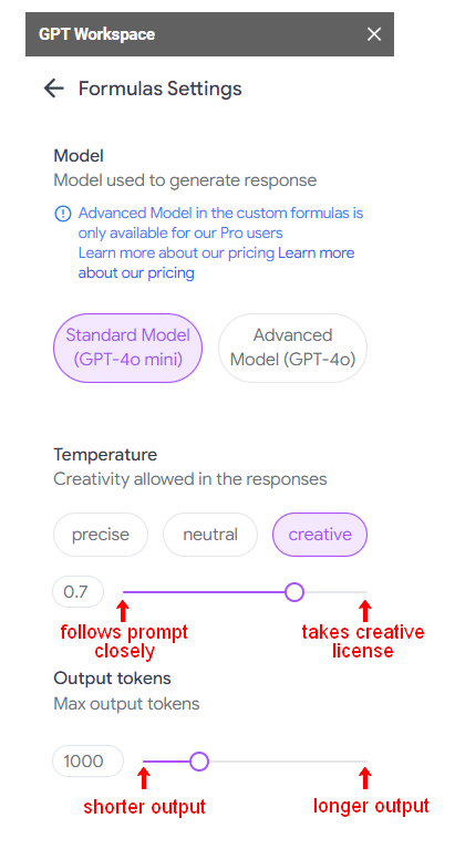 Various prompt settings available in GPT Workspace