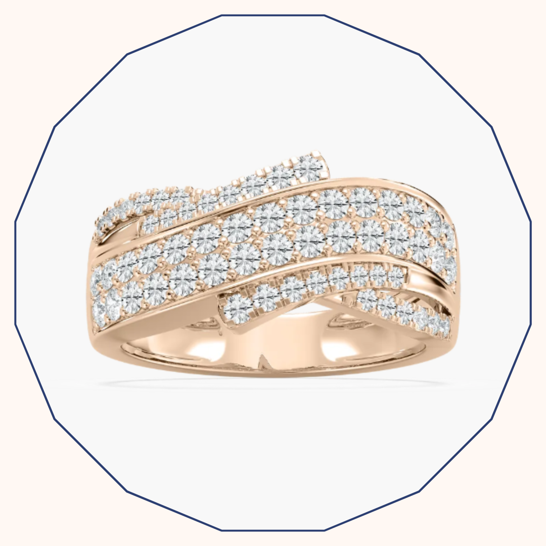 Round lab-grown diamond wedding ring in unique design and 14kt rose gold.