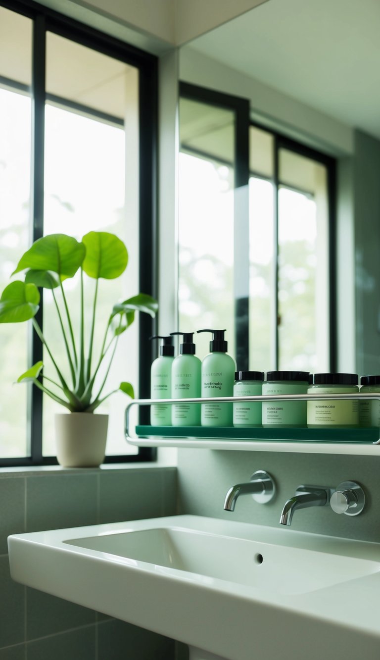 A serene bathroom with biodegradable bath products displayed on a sleek, eco-friendly shelf. A large window fills the room with natural light, and a potted plant adds a touch of greenery