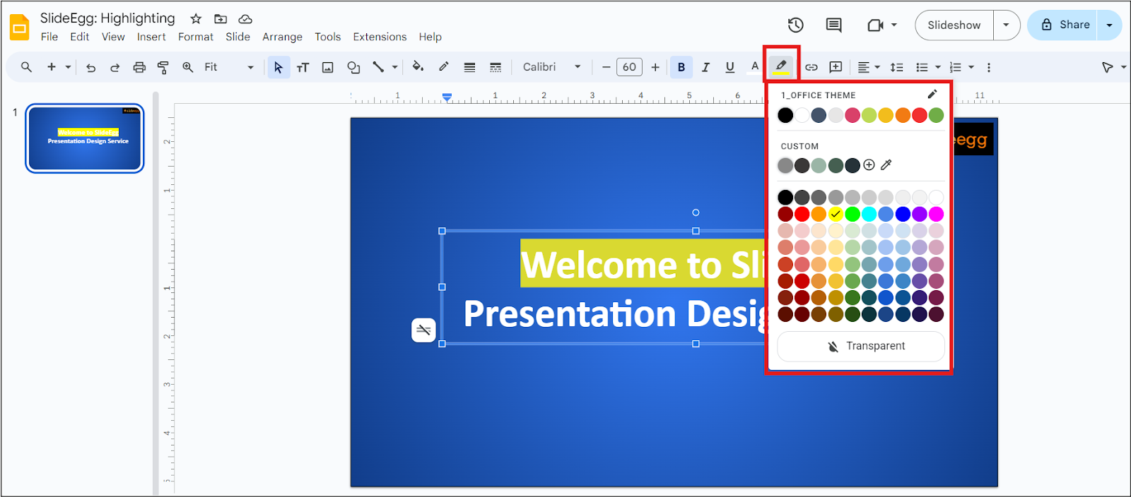 Choosing the Highlighting Color option in Google Slides with a highlighted text.