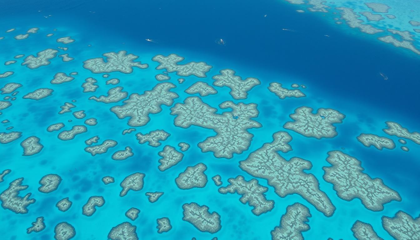 Aerial view of the Great Barrier Reef showing coral formations and turquoise waters
