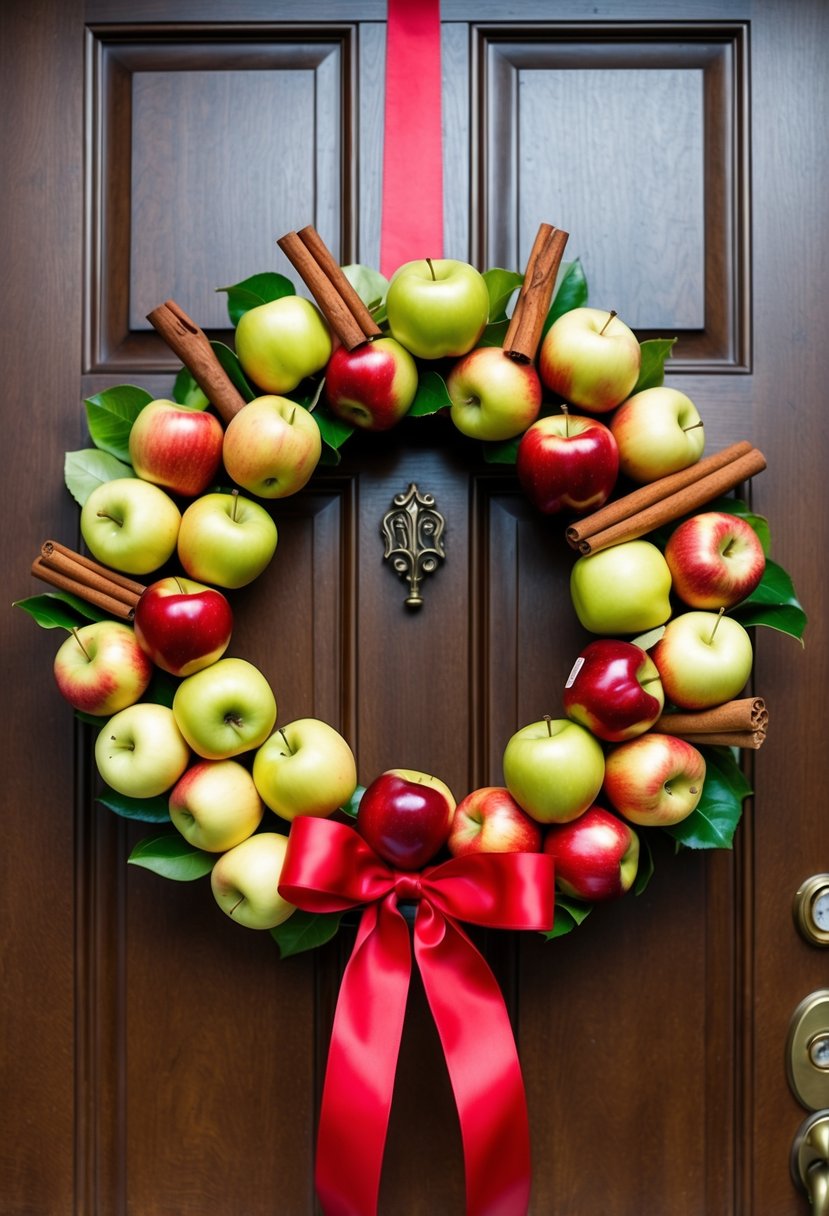 A wreath made of fresh apples and cinnamon sticks, with a red ribbon, hanging on a wooden door