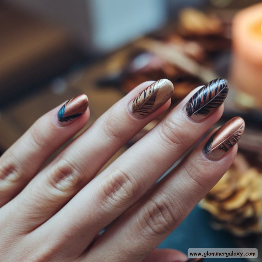 Thanksgiving Nail Designs having Elegant Feathered Nail Art
