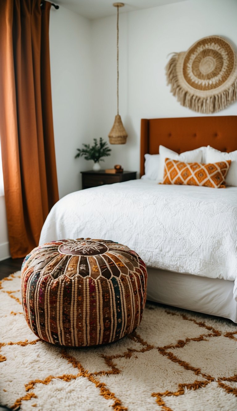 A cozy guest bedroom with a Moroccan pouf as a decorative accent. Rich colors and textures create a warm and inviting atmosphere