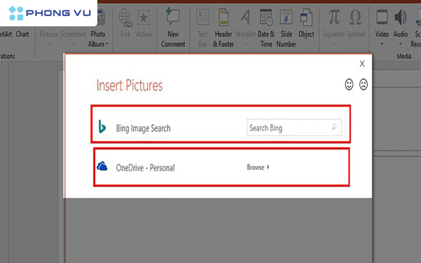 Hộp thoại "Insert Pictures" hiện lên cùng hai sự lựa chọn 