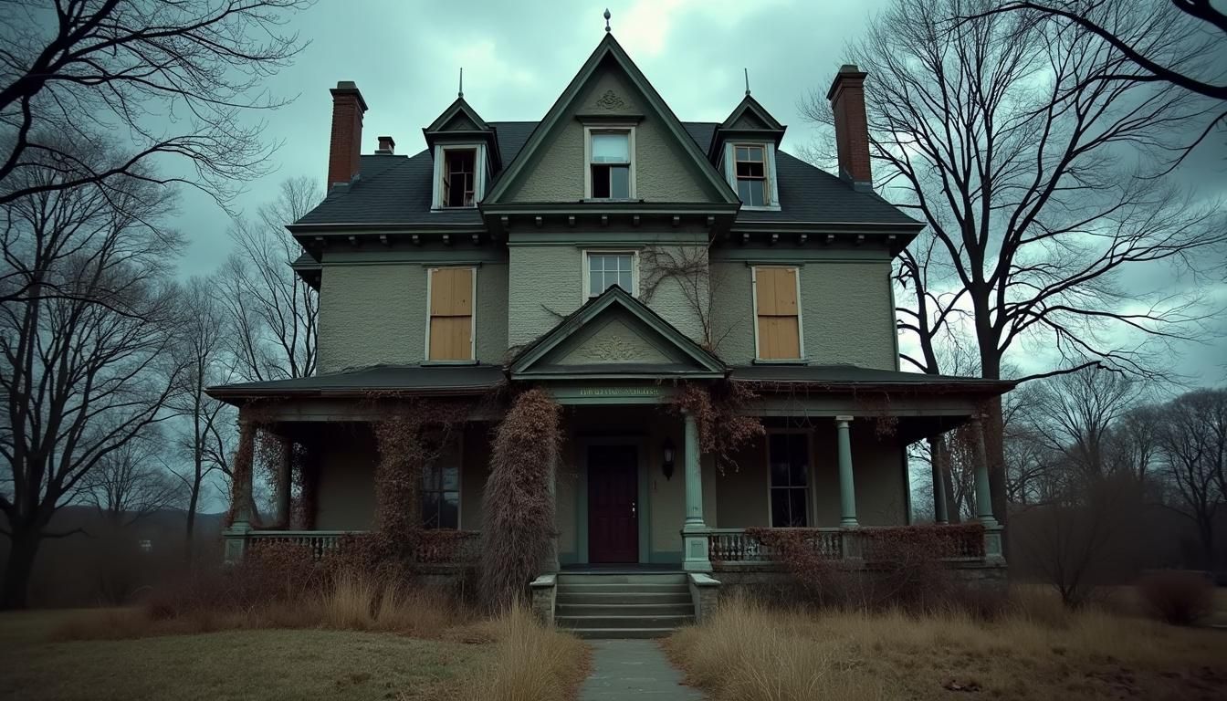 An abandoned, rundown mansion surrounded by barren trees and storm clouds which considered one of the best haunted destinations