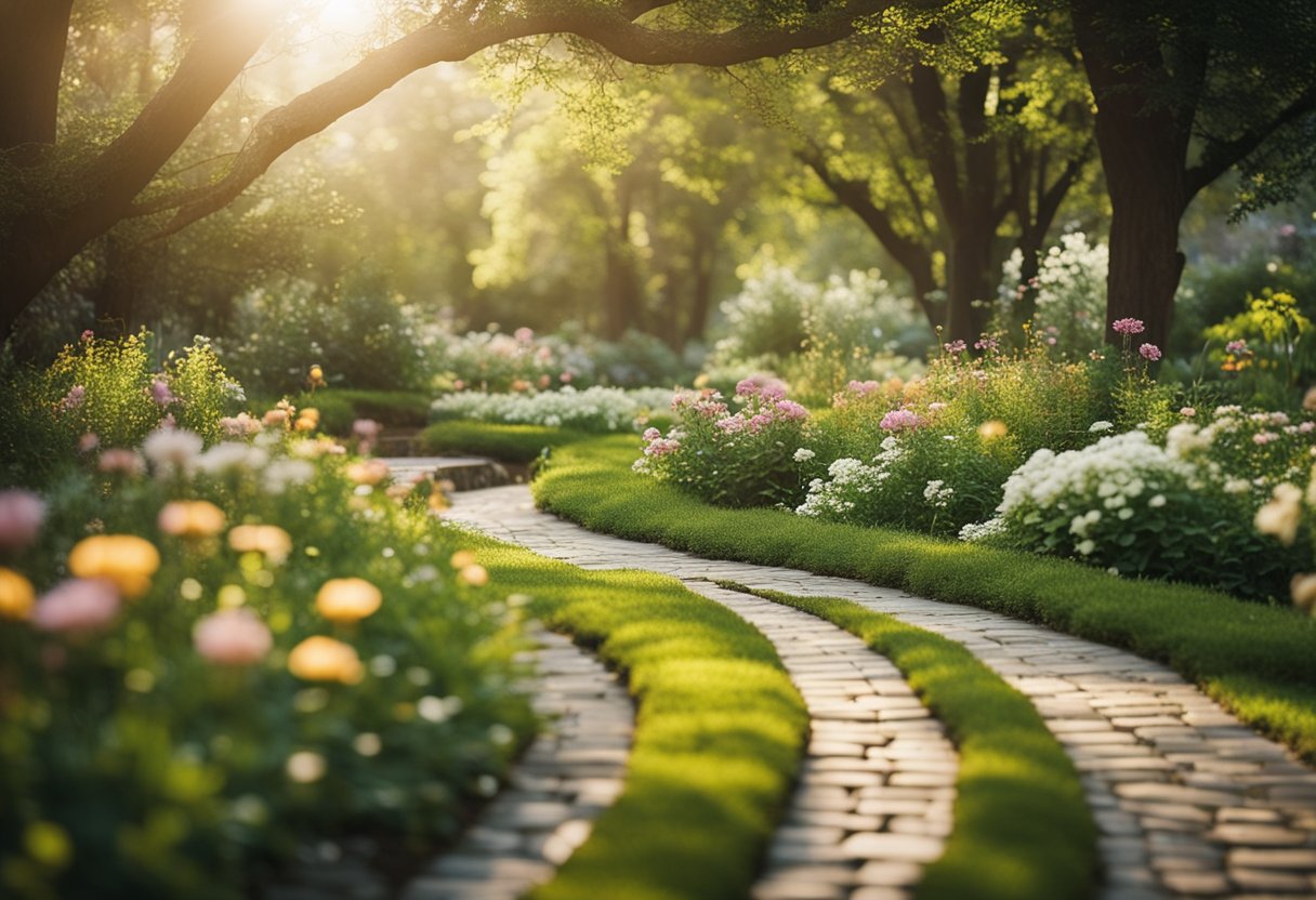 A calm and serene garden with a winding path, surrounded by blooming flowers and lush greenery. A gentle stream flows through the scene, reflecting the sunlight