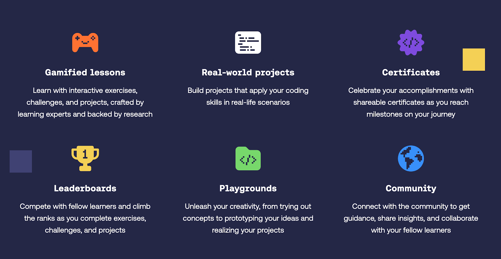 Mimo platform features: gamified lessons, real-world projects, certificates, leaderboards and playgrounds.