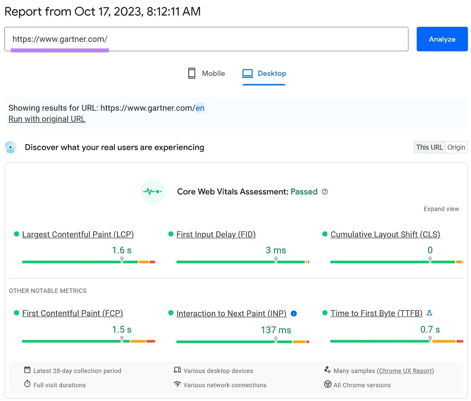 "Core Web Vitals Assessment" results in PageSpeed Insights