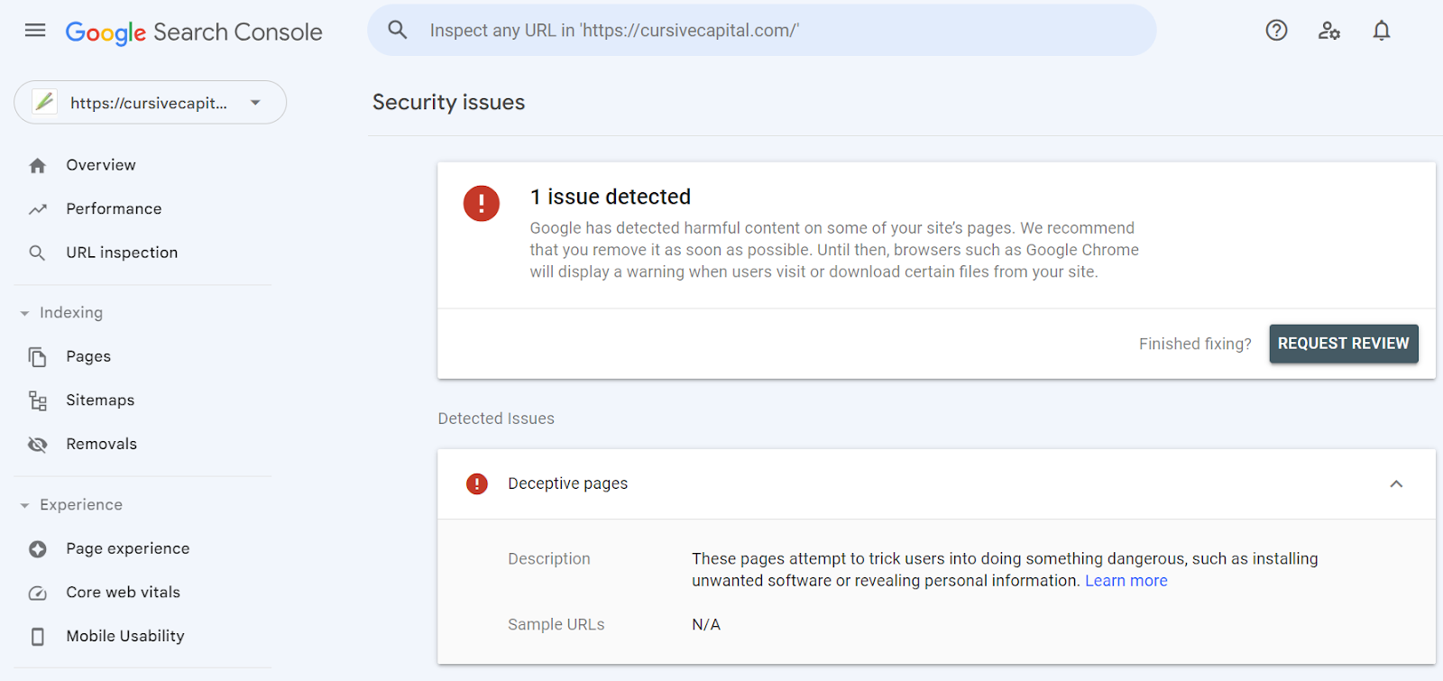 Google Search Console Security Issues Report