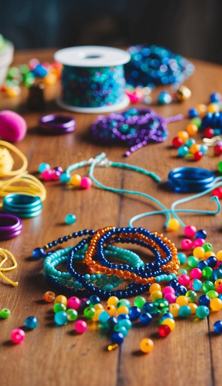 A table scattered with colorful beads, strings, and tools for making beaded bracelets