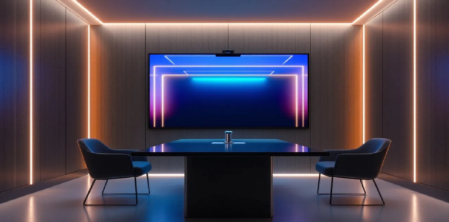 High-quality audio and video equipment in a medium sized meeting room.