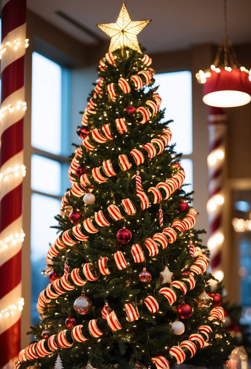 A tall Christmas tree adorned with candy cane striped lights and various festive decorations