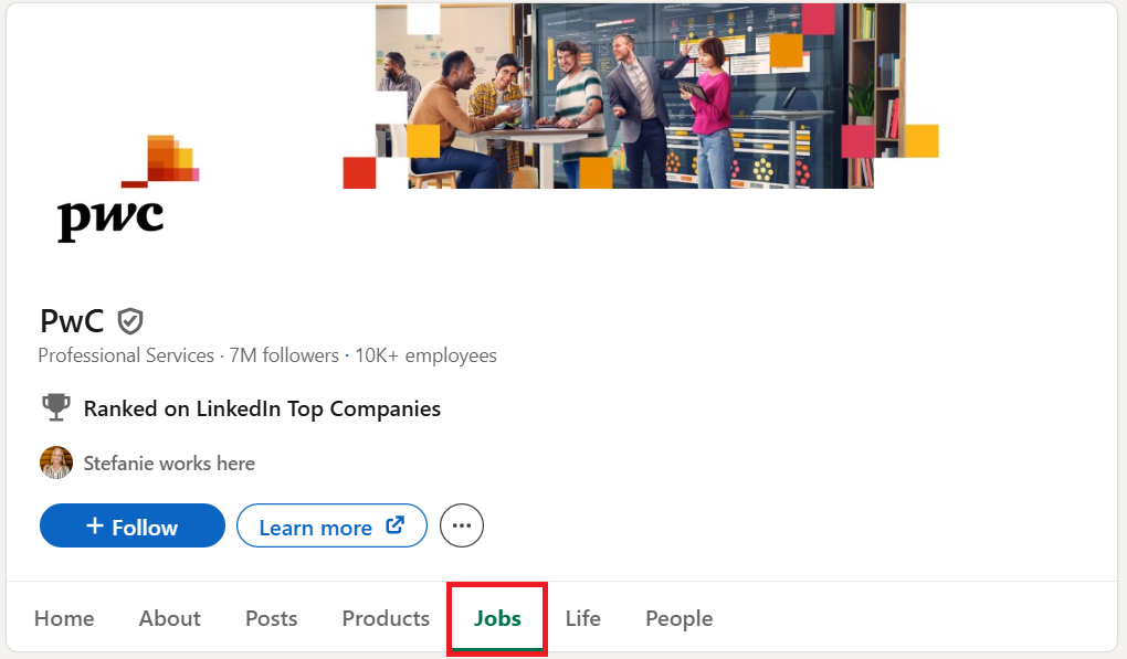 PWC LinkedIn company page with red box over the jobs section