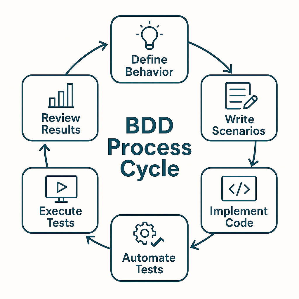 Complete workflow cycle of Behavior-Driven Development from defining behavior to reviewing test results