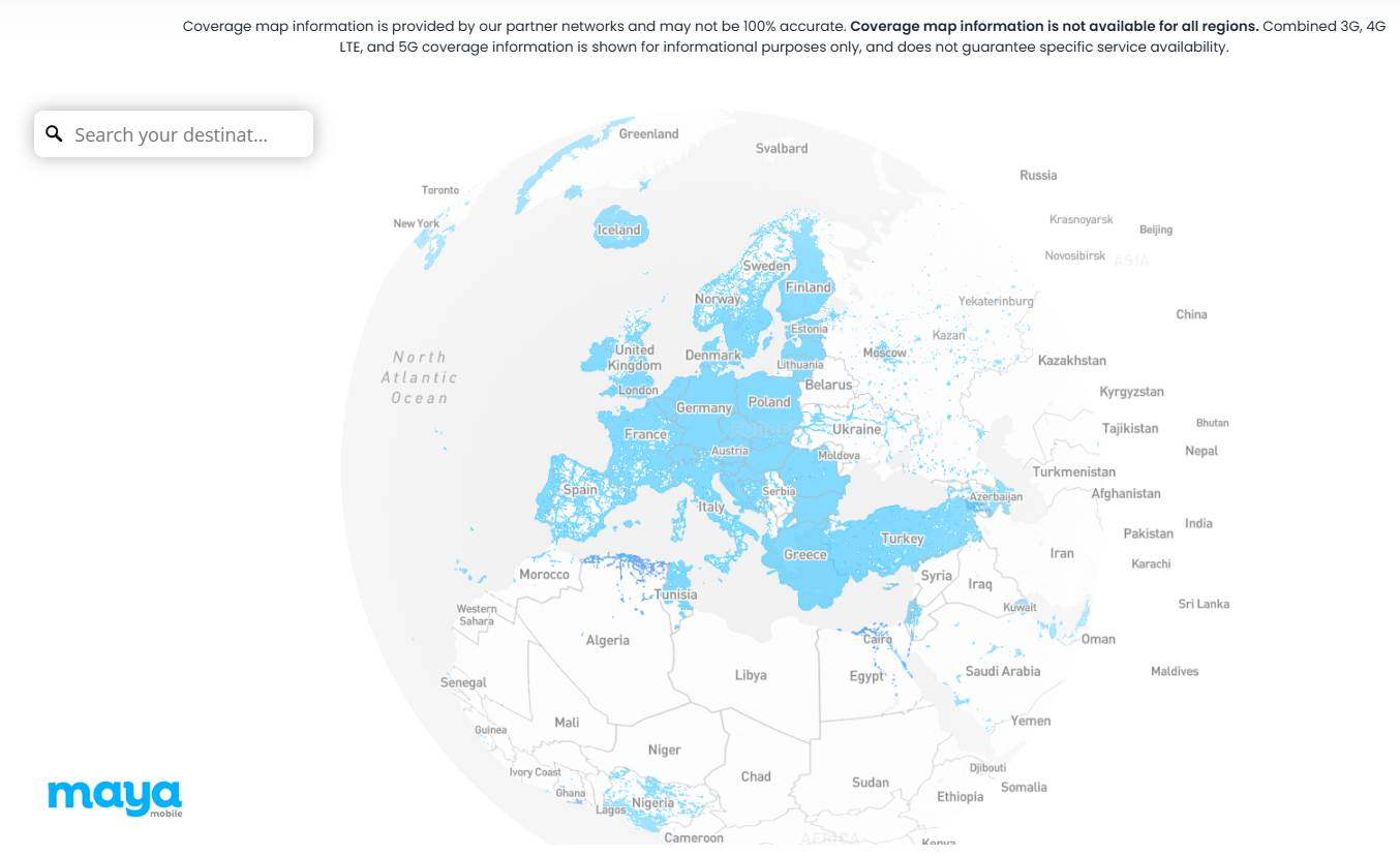 Zrzut ekranu ze strony Maya Mobile pokazujący kraje, gdzie można skorzystać z usługi eSIM operatora.