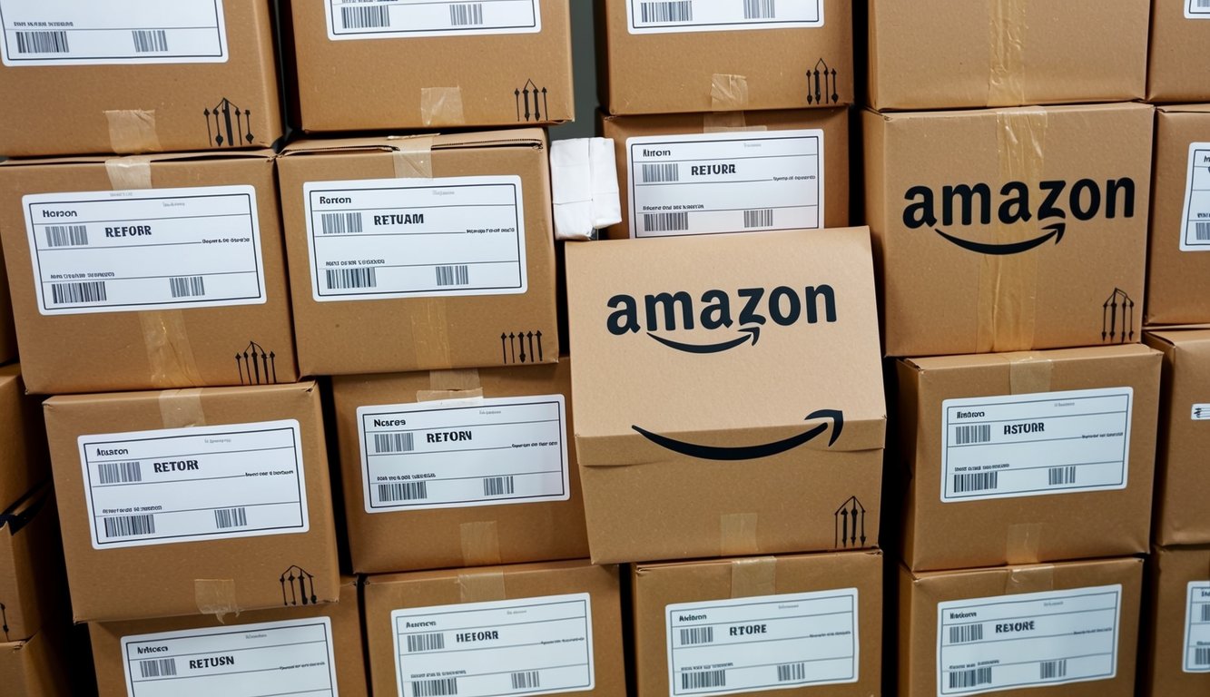 A stack of Amazon return packages labeled with seller information and ready for processing