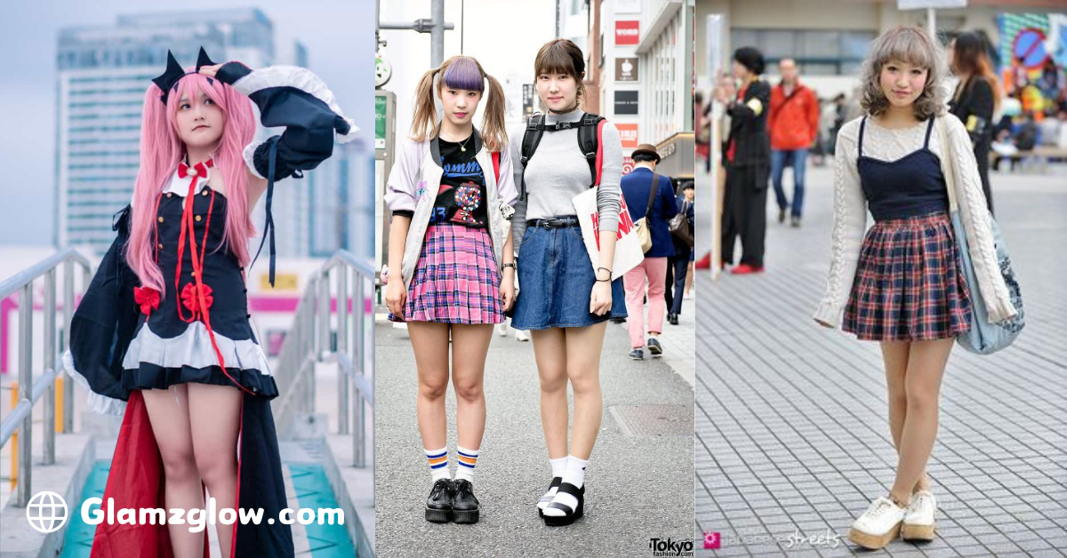 Three distinct styles of Japanese street fashion. The first person on the left is dressed in a cosplay outfit with a pink wig, black and white dress, and red accessories, posing on an urban rooftop. The middle image features two young women wearing layered outfits, one in a pink plaid skirt and the other in a blue denim skirt, walking on a busy city street. The third person on the right is wearing a navy and plaid skirt paired with a cream cardigan, standing in an outdoor public space.