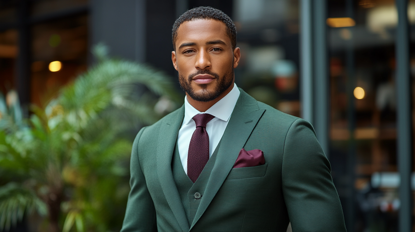 A man with olive skin tone wearing an olive green suit, tailored perfectly with a crisp white shirt and a rich burgundy tie. The earthy olive green complements the skin’s unique undertones, creating a refined, balanced look. The rich burgundy tie adds a touch of contrast while maintaining an elegant and sophisticated feel. The setting is a formal evening event with soft lighting that highlights the warmth of the olive green suit.